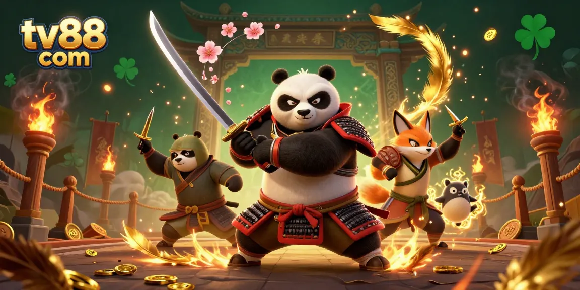 Engage with exciting gameplay at tv88 com with this thrilling illustration of a fierce panda samurai.