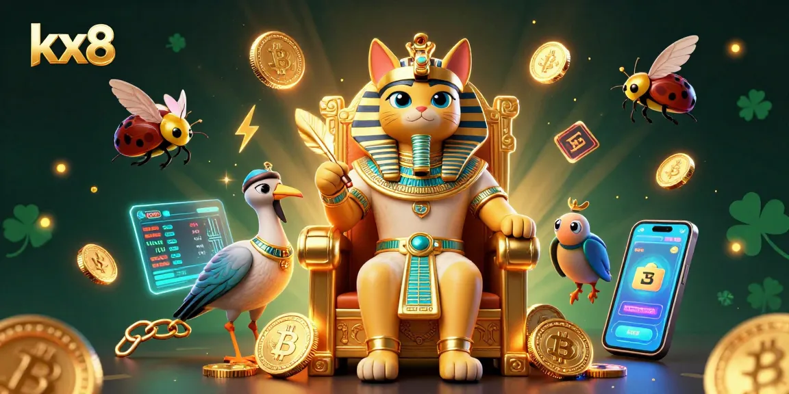 Engage with kx8's vibrant casino world, featuring a pharaoh cat and crypto elements in a dynamic scene.