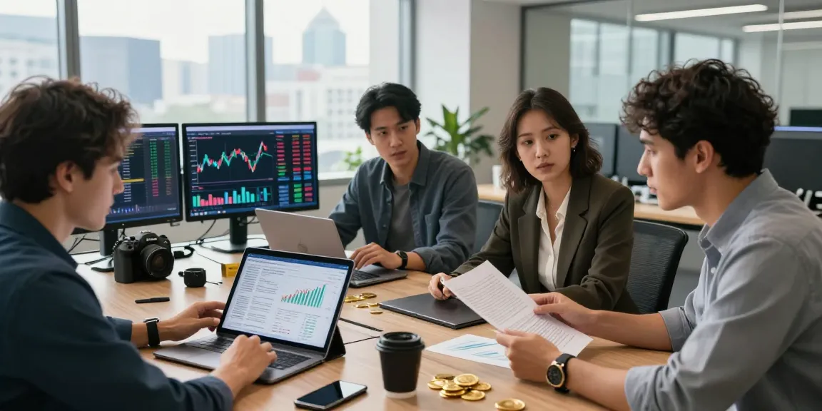Investors discussing strategies to buy BRICS coins in a modern office with tech gadgets and charts.