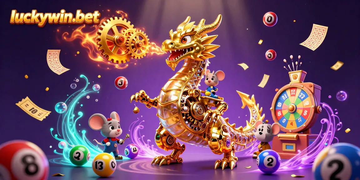 Luckywin-bet showcases an exciting 3D scene with a dragon and lottery elements for thrilling gaming.
