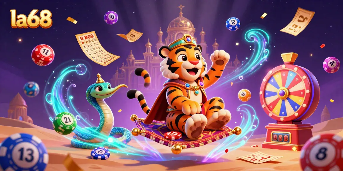 Experience thrilling jackpots at la68 with a vibrant scene featuring a magical sultan and casino elements.