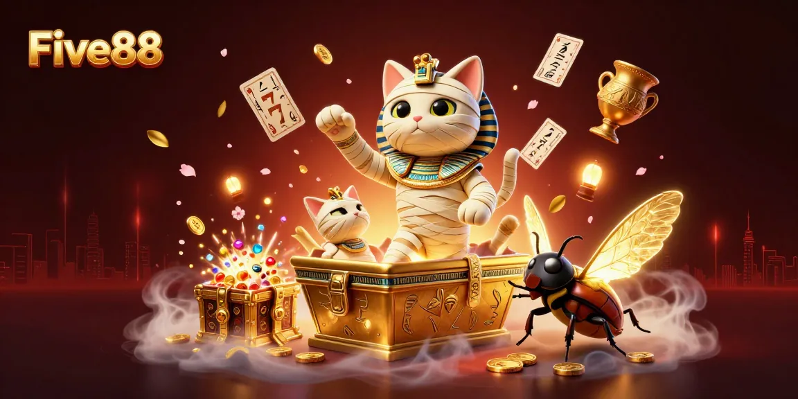 Engage in thrilling gaming with Five88’s pyramid casino scene featuring a mummy cat and treasures.