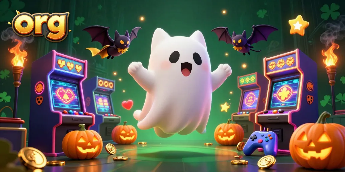 Play games at org's haunted casino featuring a ghost cat and glowing pumpkins.