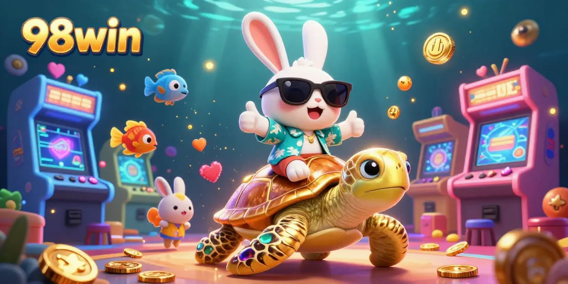 Experience the vibrant world of 98win with a lucky rabbit and golden turtle in a 3D casino-themed scene