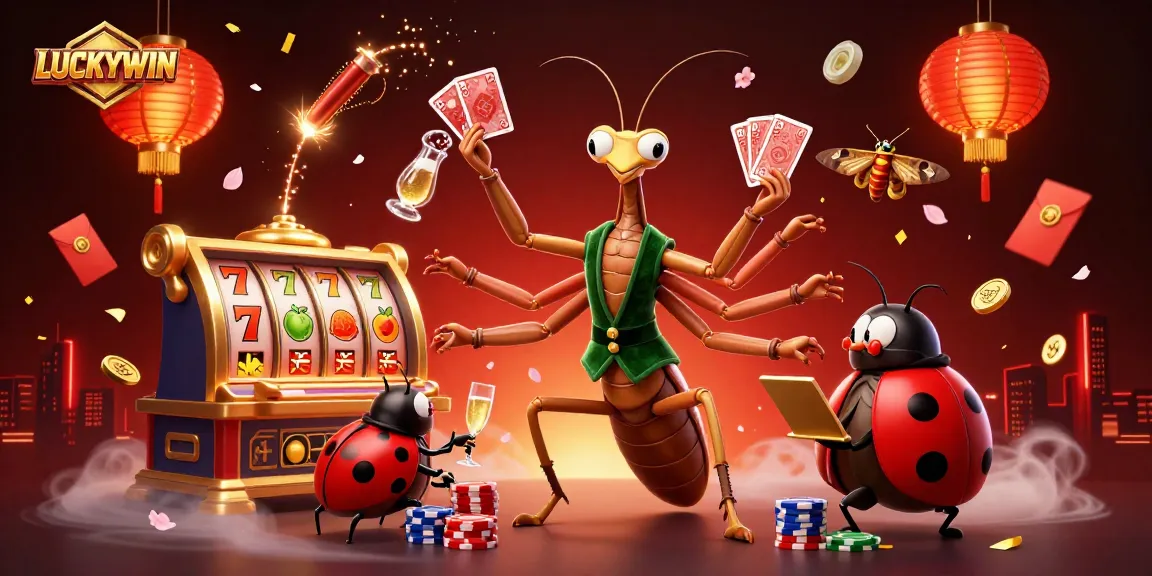 LUCKYWIN showcases a vibrant casino scene with magical card sharp characters and game elements.