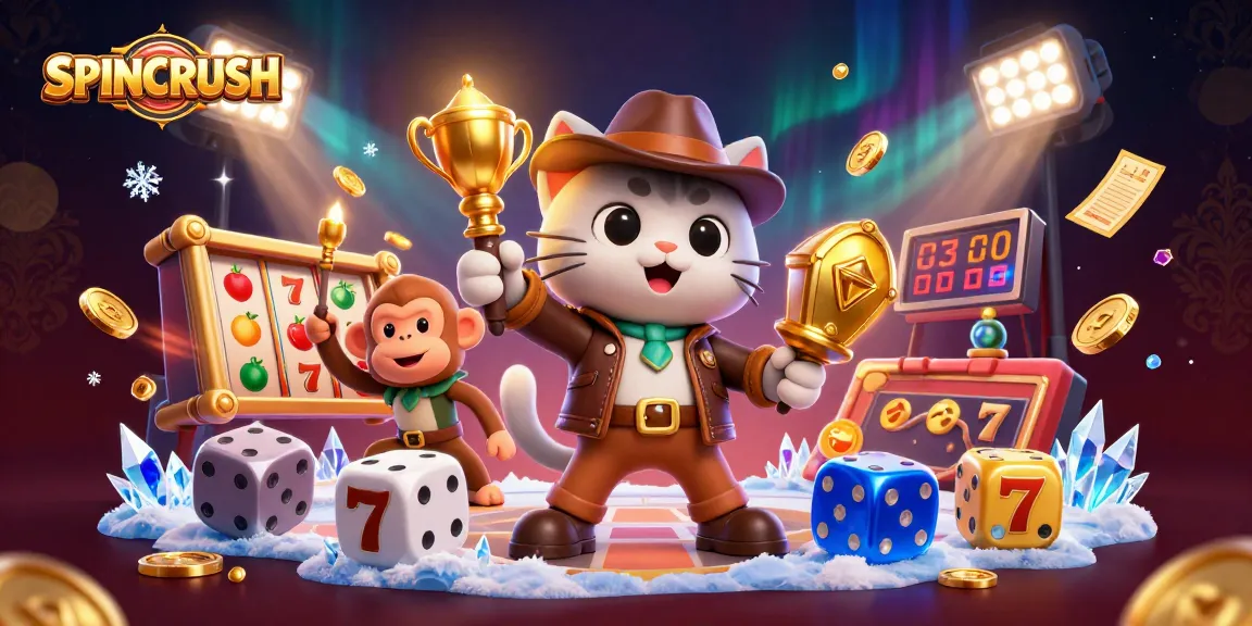Experience SPINCRUSH's thrilling adventure with cartoon characters enjoying casino riches.