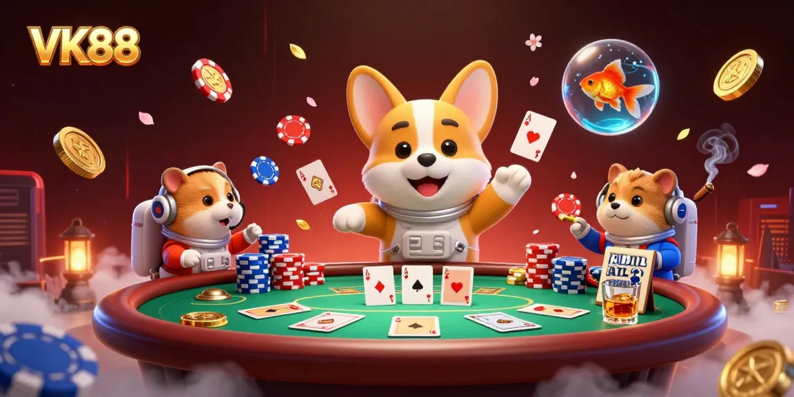 VK88-themed illustration of a floating casino scene featuring a corgi, poker chips, and coins.