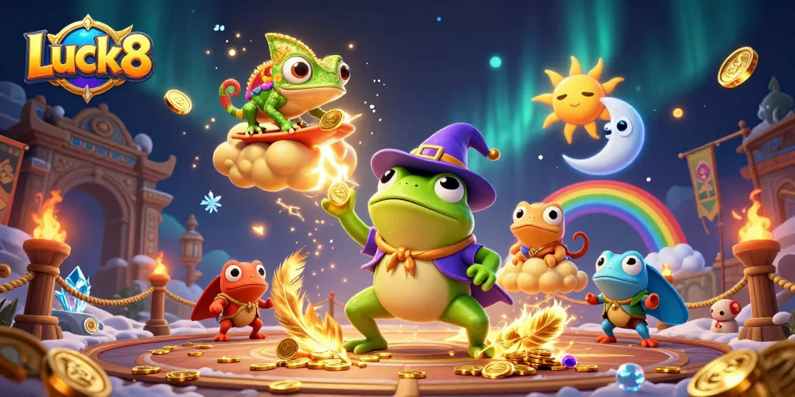 Engage with Luck8's thrilling casino adventures featuring golden coins, vibrant characters, and dynamic gaming elements.