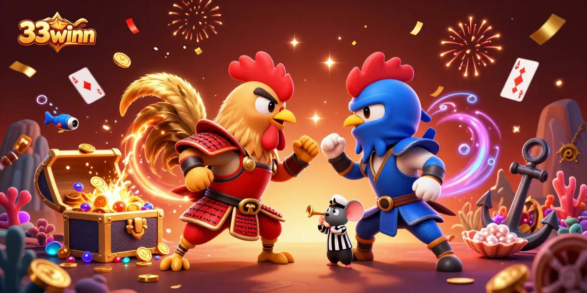 Engage with 33winn as cartoon fighting roosters battle amidst vibrant casino elements.